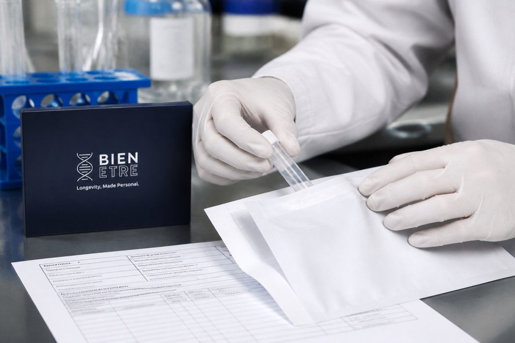 Close-up of a saliva sample collection tube being sealed in a non-branded envelope with chain-of-custody documentation visible on the lab bench nearby, professional laboratory setting with soft natural lighting