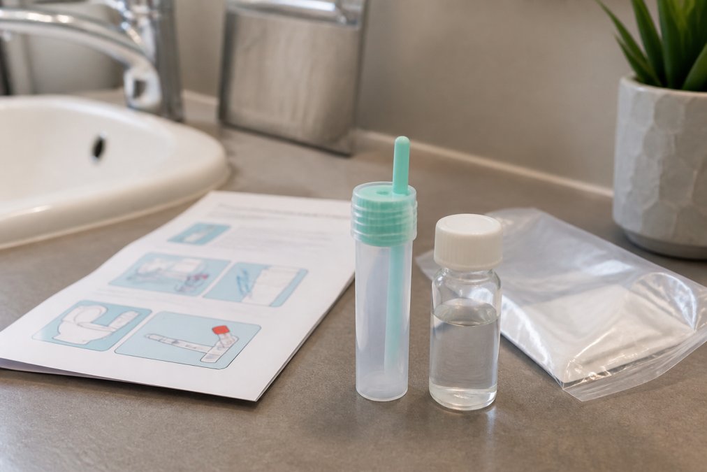 Close-up of a stool sample collection kit with instructions, collection tube, and stabilizer vial arranged on a bathroom counter next to a sink