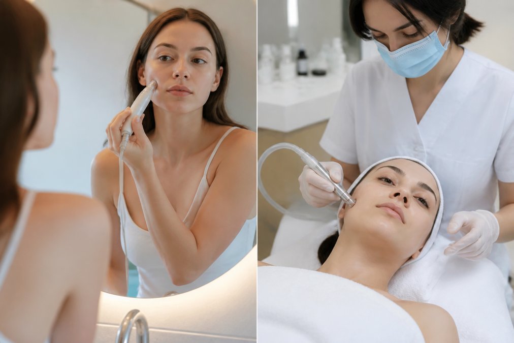 A person in a bright modern bathroom holding a handheld microdermabrasion device to their cheek, looking into a mirror with a focused expression. The device is visible and sleek.