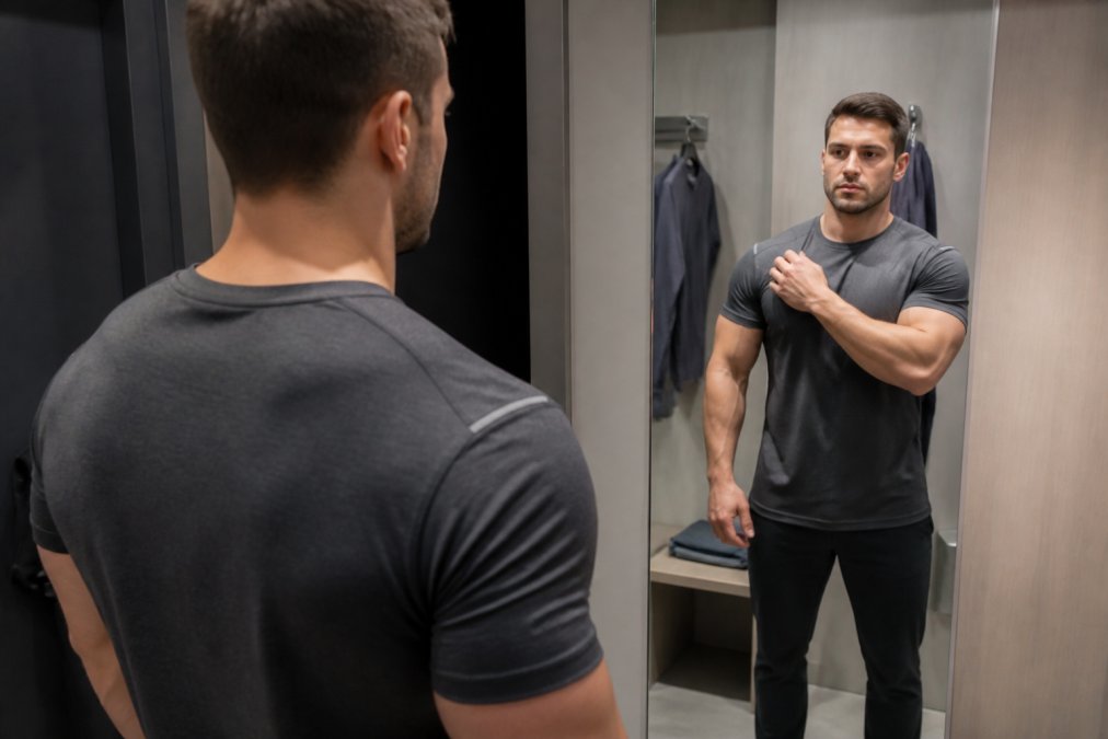 A man with a muscular build trying on an athletic-cut shirt in a brightly lit fitting room, checking shoulder seam placement in a full-length mirror