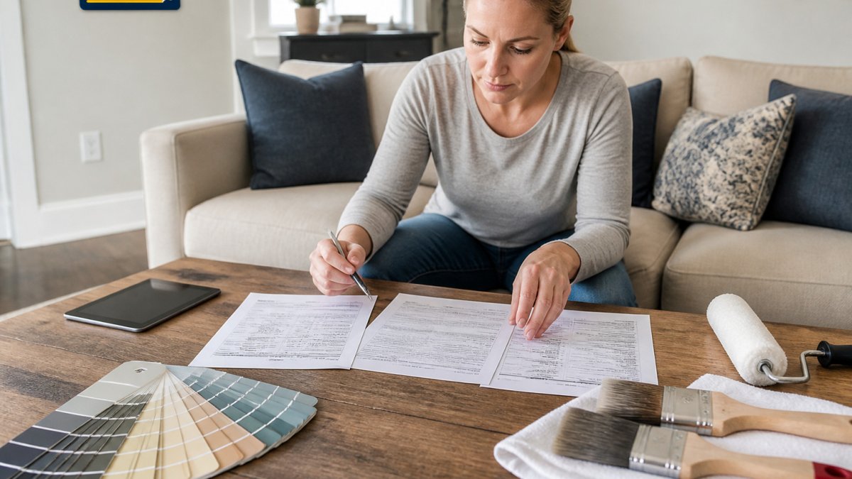 A homeowner comparing painting services reviews by reviewing printed estimate sheets and color samples.