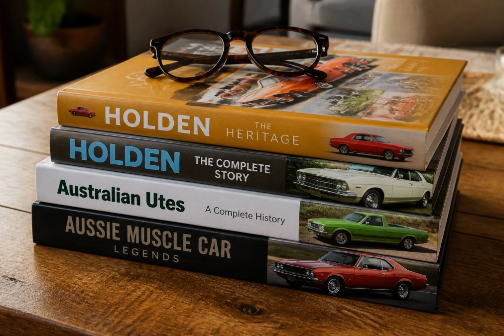 A well-lit close-up of four hardcover and paperback Australian car books stacked on a wooden table, spines and covers showing vintage Holdens, utes and muscle cars, with a pair of reading glasses resting on top