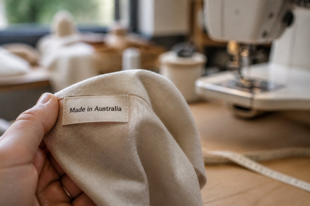 Infographic label showing the steps to identify genuine Australian made clothes on a garment tag.