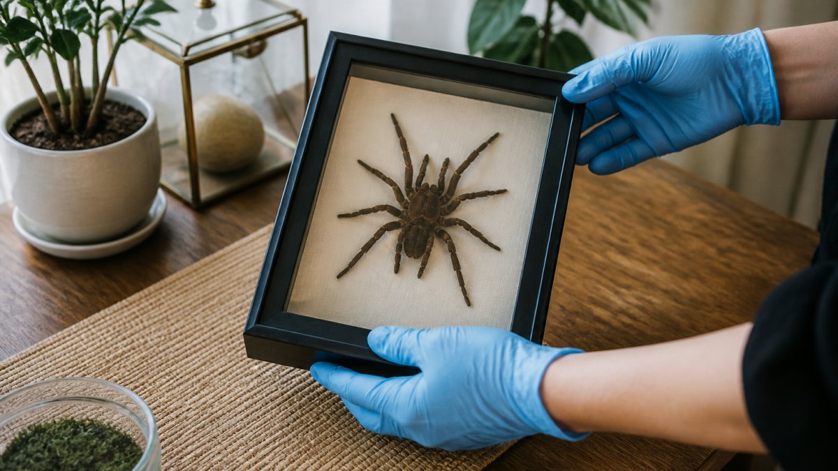 Close-up of hands wearing nitrile gloves carefully lifting a framed spider specimen in a shadowbox frame from a table, soft natural light, home decor setting