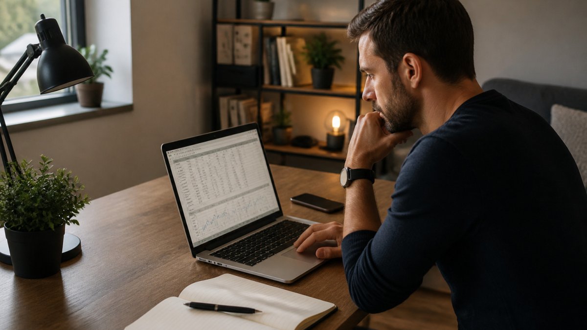 Trader reviewing backtest reports and risk settings on a laptop for automated trading in a home office