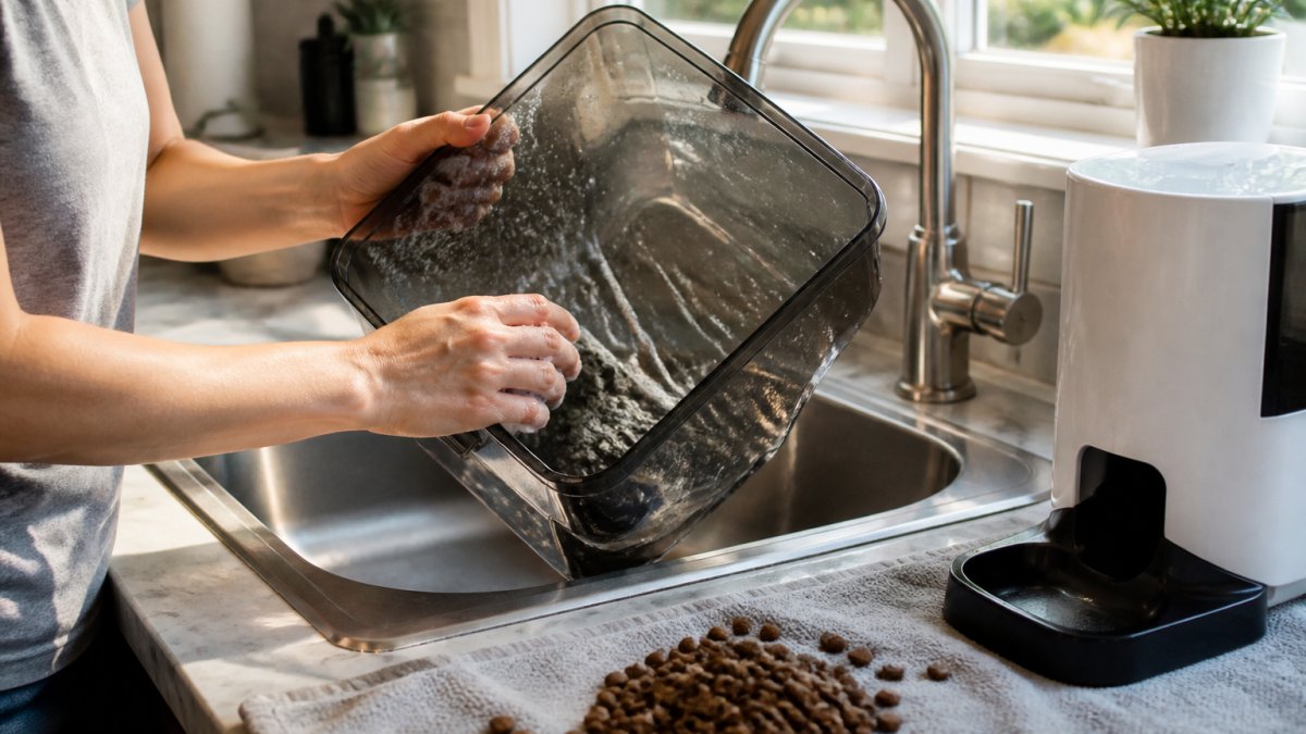 A pet owner's hands cleaning the plastic hopper of a timed pet feeder over a kitchen sink, kibble scattered on a towel beside it, morning light through a window
