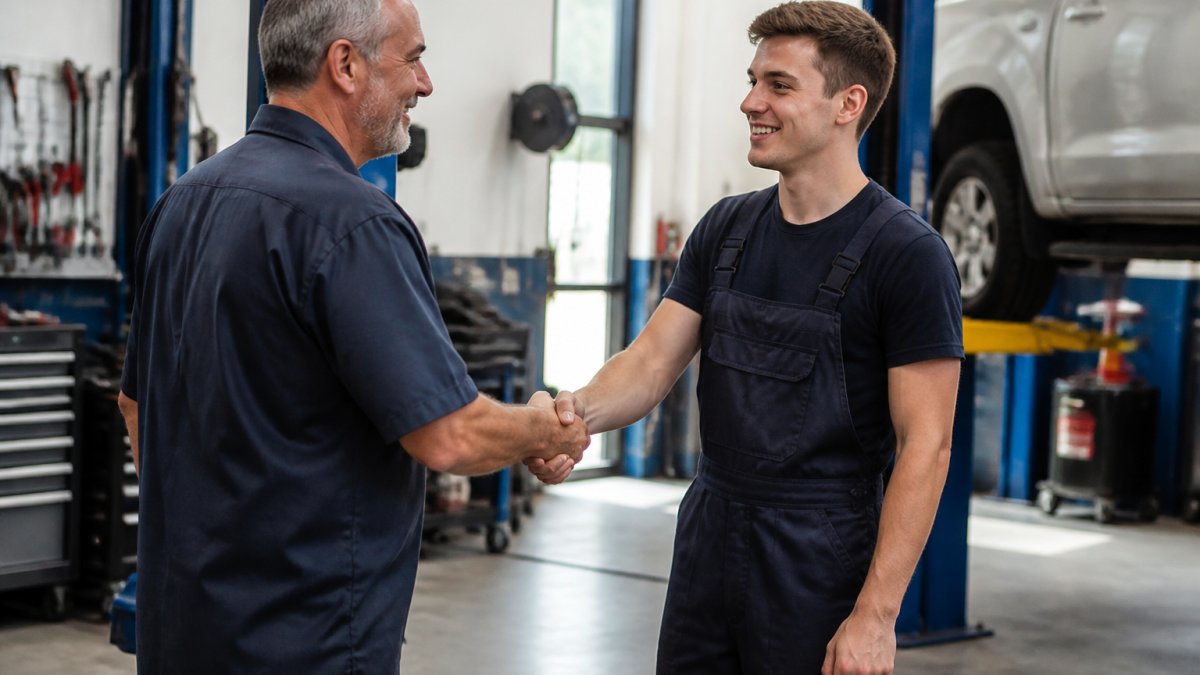 A workshop supervisor shaking hands with a young mechanic in a clean, well-lit automotive workshop, with tool cabinets and a vehicle lift visible in the background