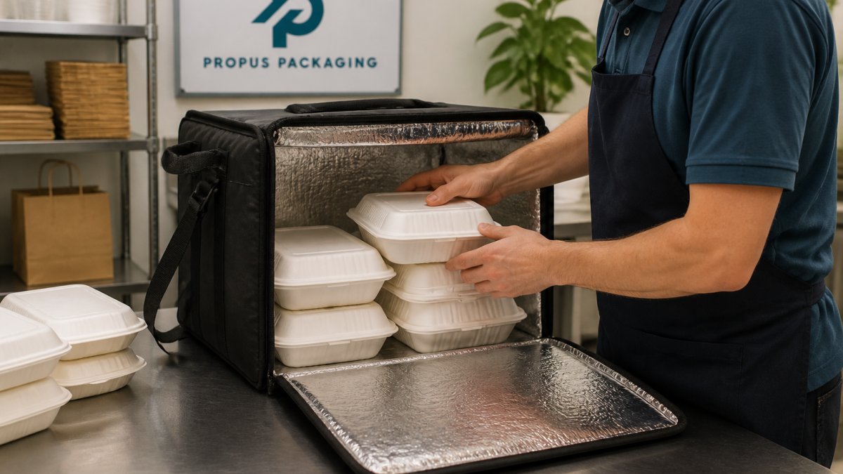 Professional carefully stacking bagasse clamshell containers in an insulated delivery bag, demonstrating proper secure placement and packing technique with organized arrangement