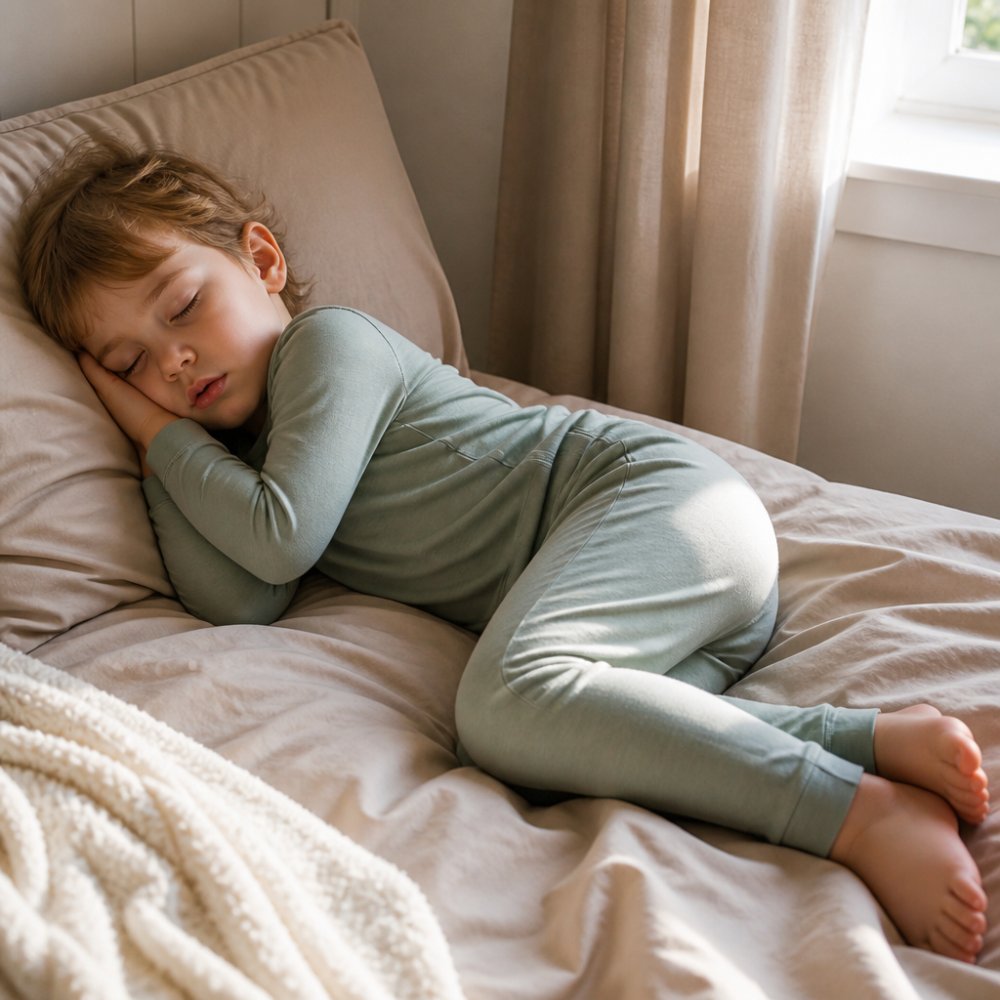 Young child peacefully sleeping in soft bamboo pajamas, showing comfort and relaxed posture, natural morning light filtering through bedroom window