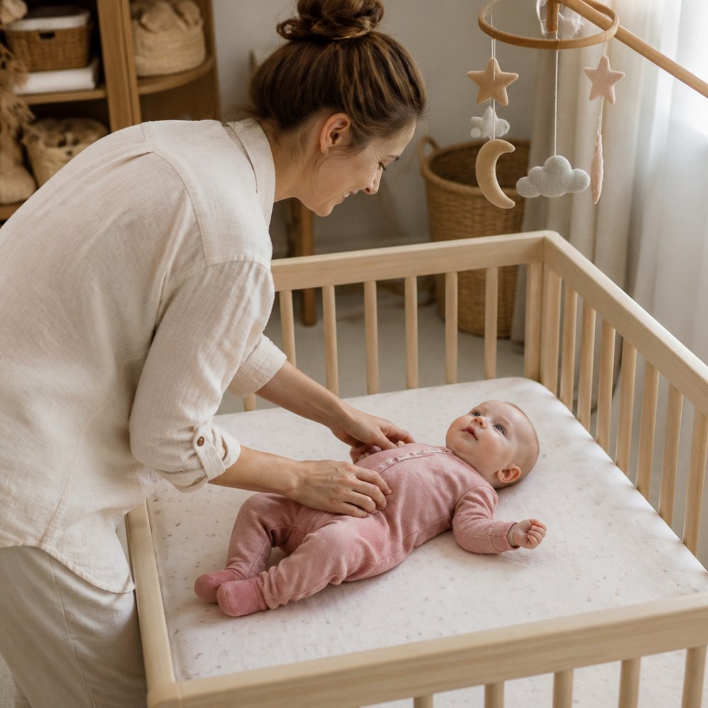 Parent gently laying a baby dressed in a soft pink footie onto a crib mattress in a bright, neutral nursery