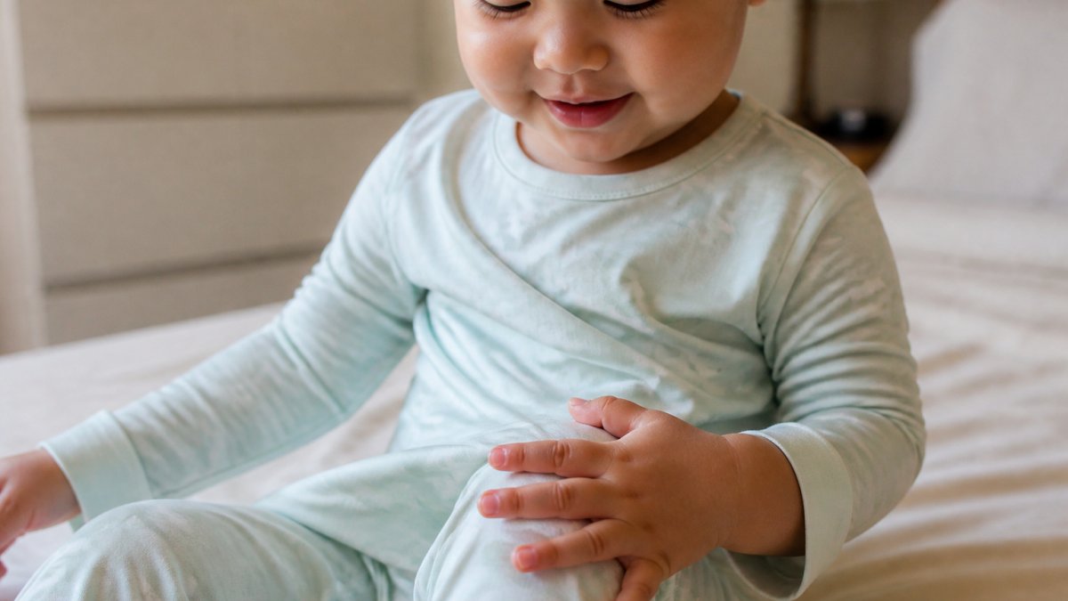 Close-up of a toddler's hand gently touching the soft fabric of bamboo pajamas, with the child wearing the pajamas and showing a content expression, natural bedroom lighting
