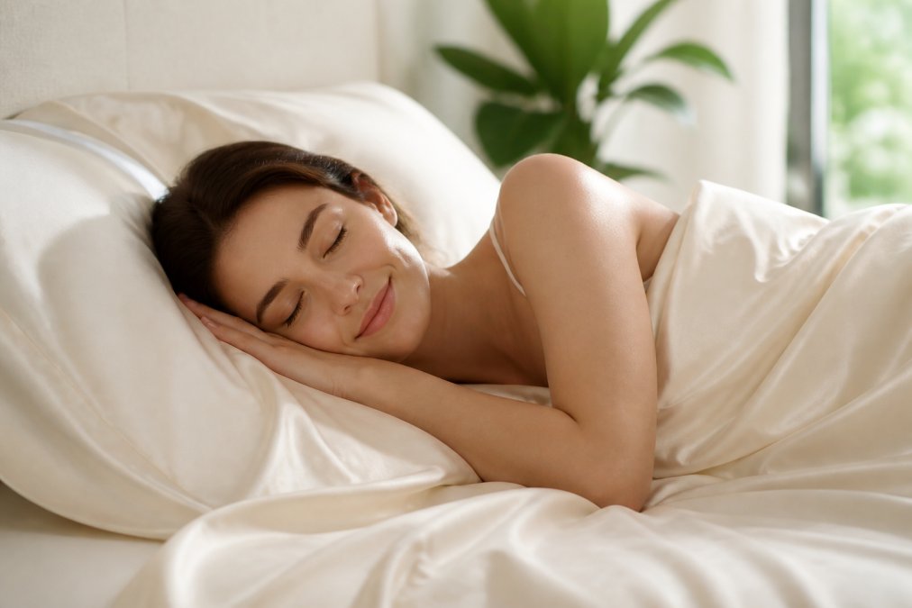 A close-up of a person with sensitive skin resting peacefully on a smooth, ivory-colored bamboo sheet set in a bright, airy bedroom