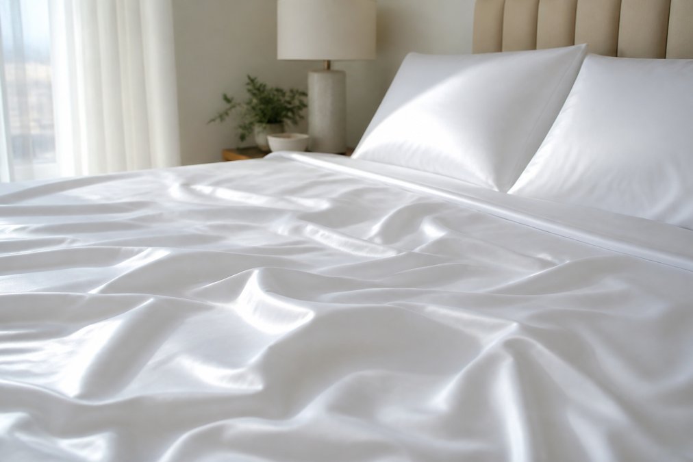Crisp white sateen bamboo sheets draped over a neatly made bed in a bright bedroom filled with morning sunlight