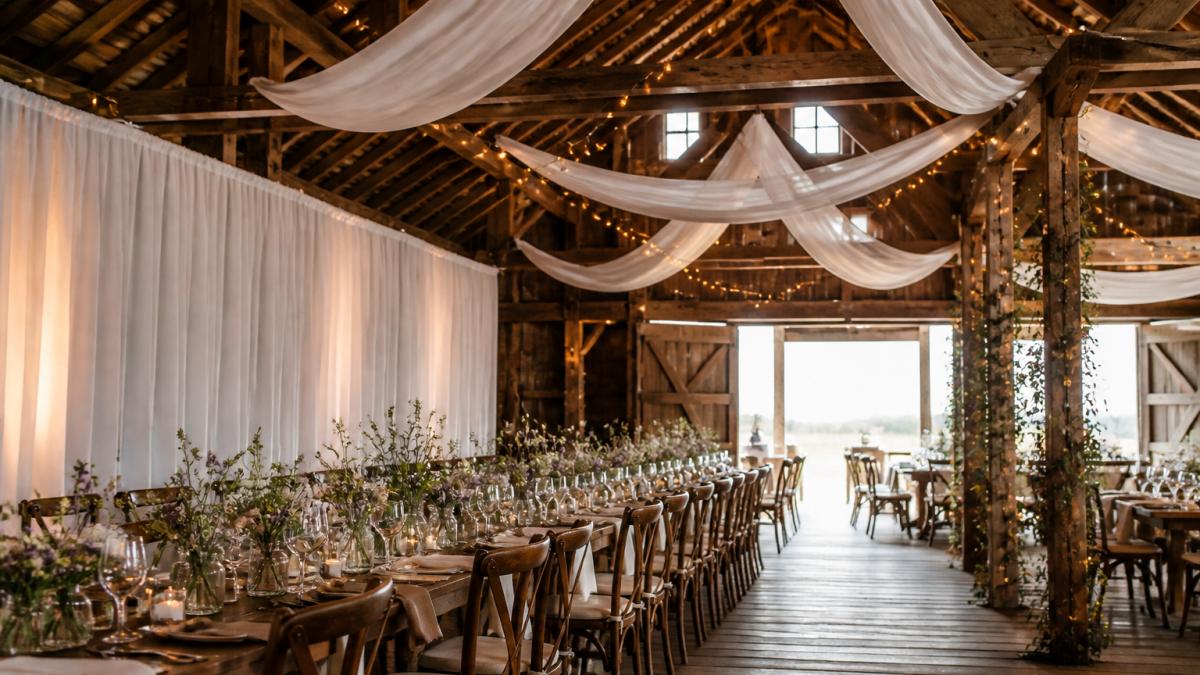 Elegant white barn wedding draping hung from wooden beams above banquet tables with twinkling string lights.