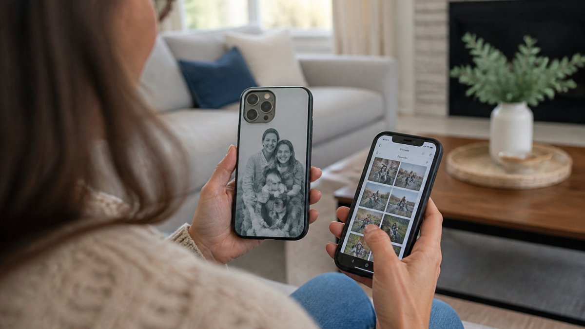 Diagram showing the process of updating a custom E-ink phone case image using a mobile app interface