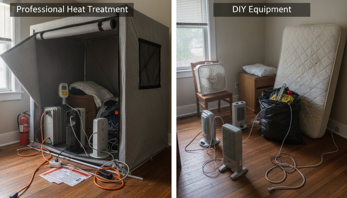 Open rear doors of a pest control service truck revealing organized commercial-grade electric heaters and air mover fans secured with equipment straps, orange power cables coiled on a shelf, photographed in a residential driveway on a clear day