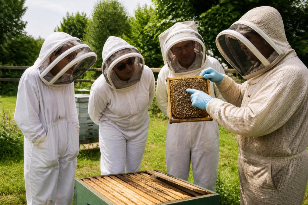 A small group of adults in white bee suits and gloves standing beside open wooden hives in a green Somerset apiary, one person lifting a frame while a beekeeper points out bees on the comb, soft natural daylight