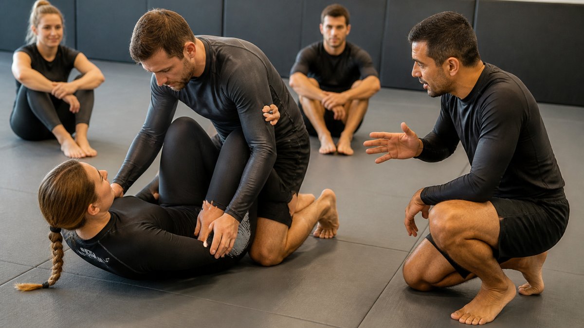 An instructor guides a group of beginner jiu jitsu students practicing a guard pass on gym mats.