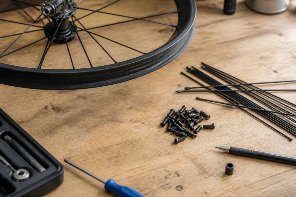 Mountain biker navigating rocky, technical terrain with focus on wheel construction and spoke engagement during aggressive downhill riding with natural outdoor lighting