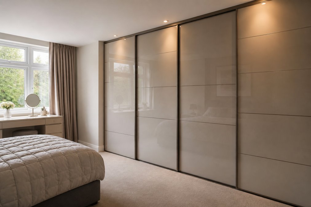 Modern bedroom with floor-to-ceiling fitted wardrobe featuring sliding doors and bespoke joinery, showcasing clean aesthetic and light-reflecting surfaces in contemporary home