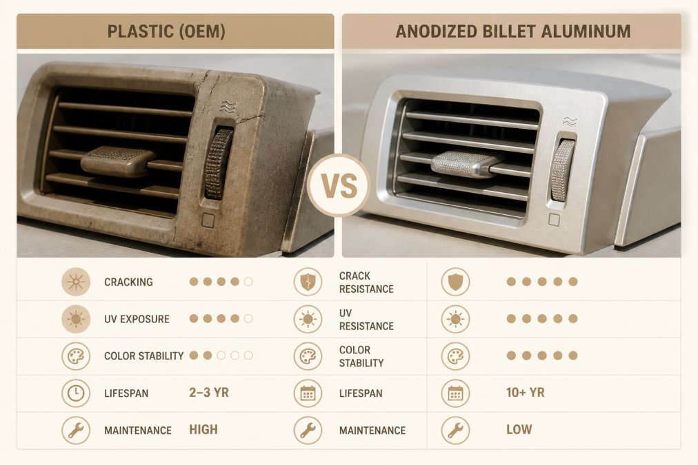 Side-by-side comparison showing a weathered plastic truck interior component with visible cracks and discoloration next to a pristine anodized billet aluminum part with bright, uniform finish in natural daylight