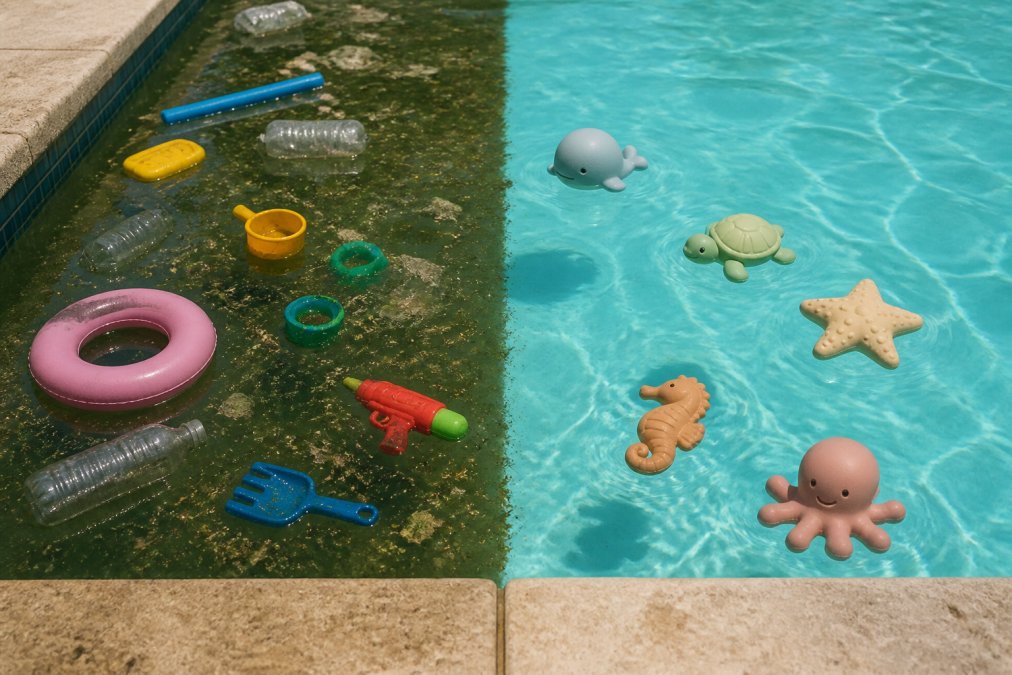 Split-scene comparison showing traditional plastic pool toys scattered in murky water on one side and natural rubber eco-friendly toys in crystal-clear pool water on the other, both photographed in bright daylight