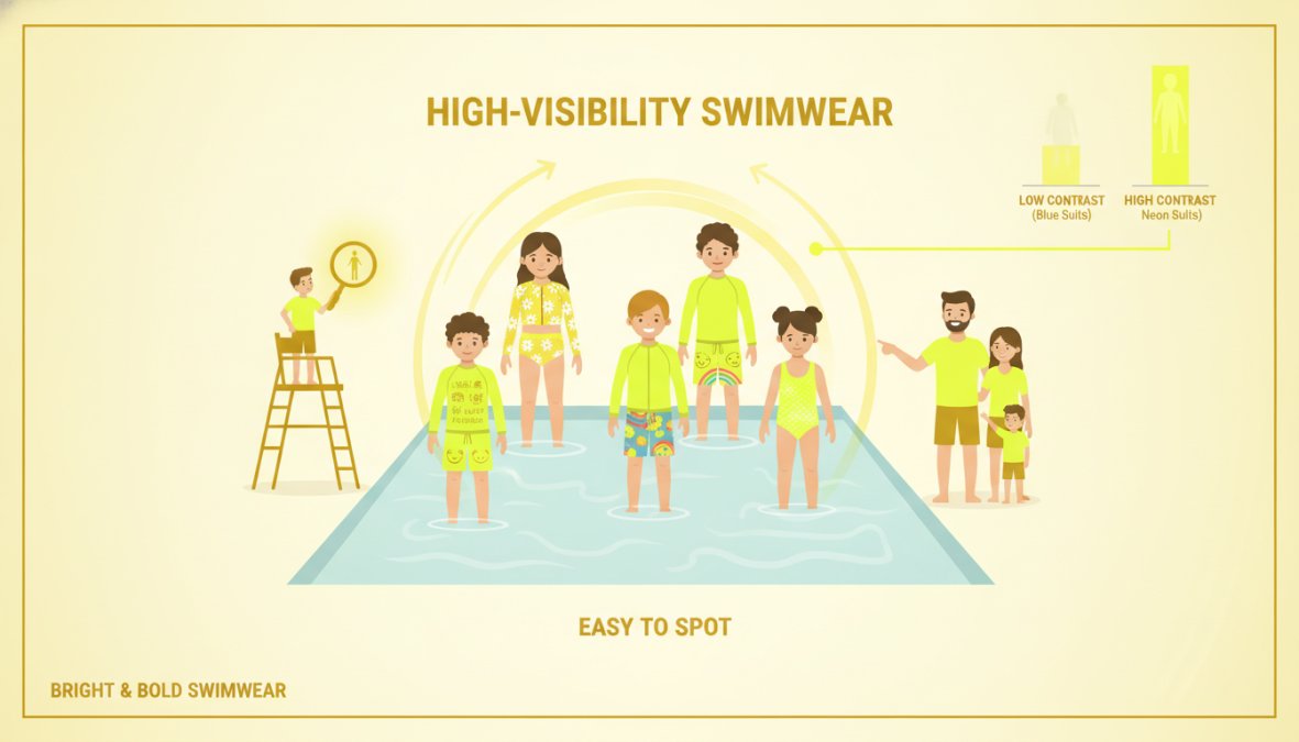 Children wearing bright neon and fluorescent swimsuits standing in a swimming pool, showing contrast between high-visibility colors and water background