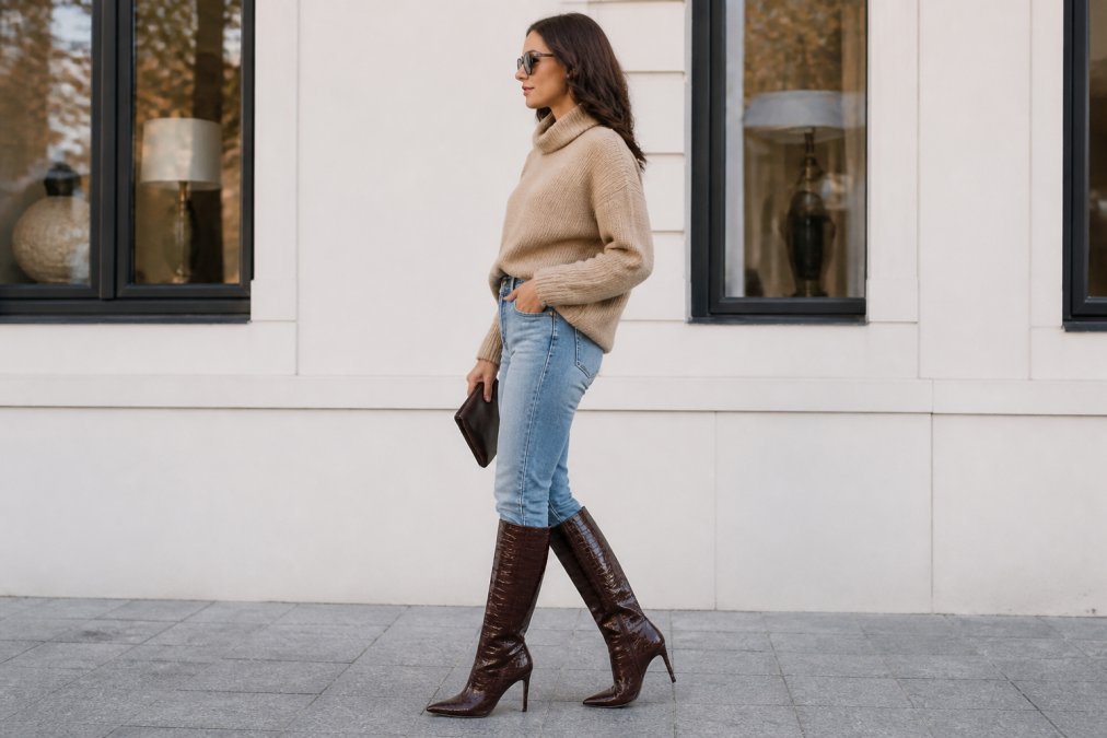 Woman wearing a chocolate crocodile print boot sleeve over a heel with a casual outfit, showing how the accessory transforms the overall look