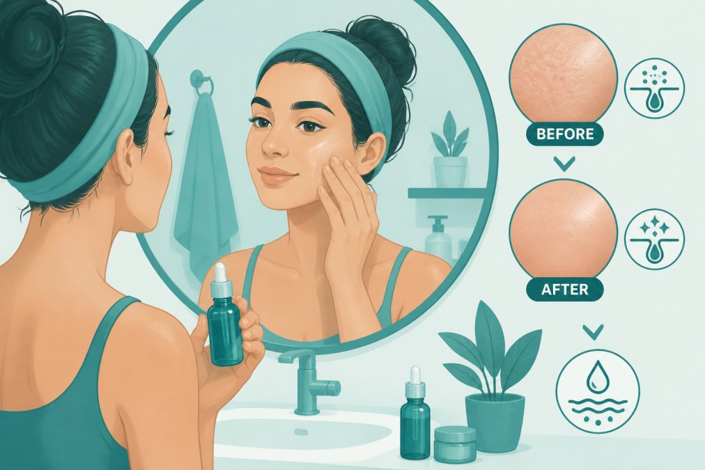 Person applying skincare serum or moisturizer to their face in a bathroom mirror, showing the product application and visible skin texture