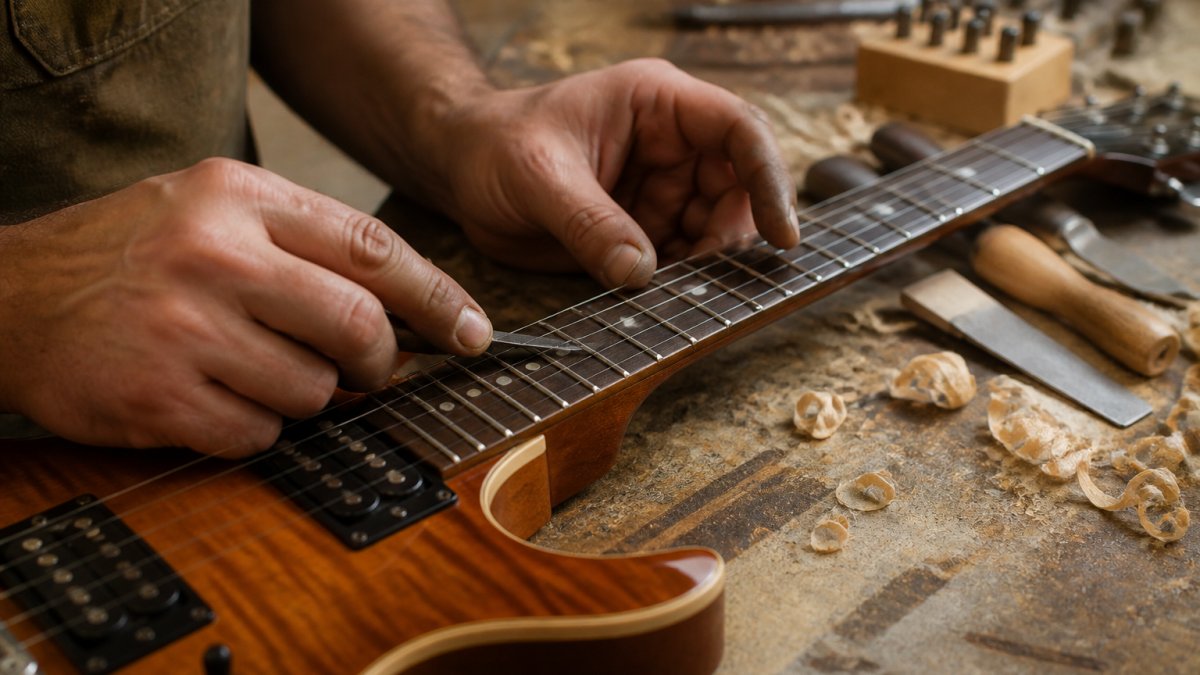 Luthier inspecting the intricate fretwork on a handcrafted electric guitar in a workshop filled with tools
