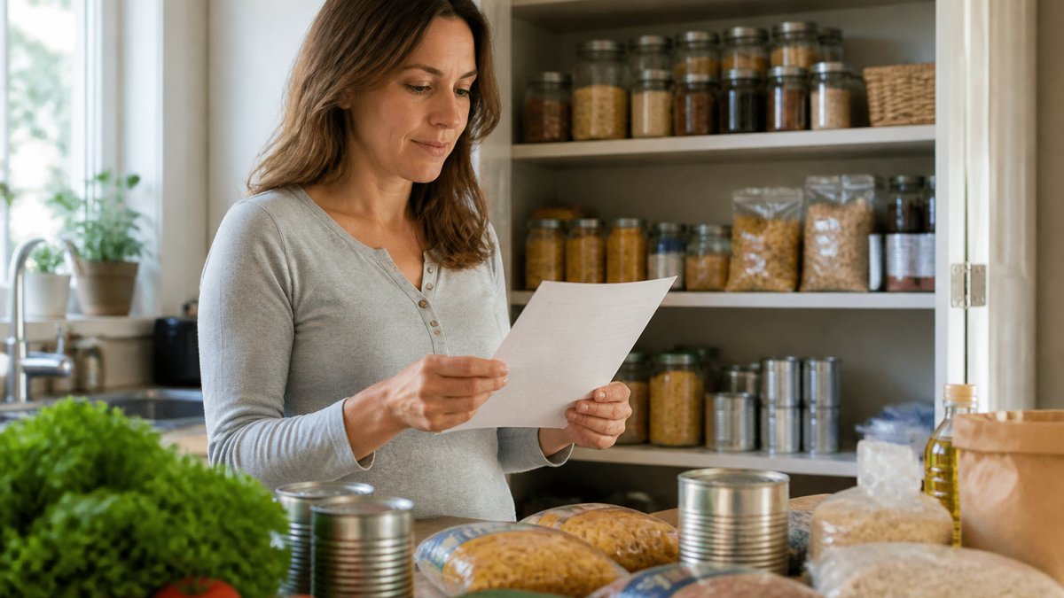 A mother in a bright kitchen holding a printed shopping list, with a pantry shelf of canned goods, rice, and pasta visible behind her