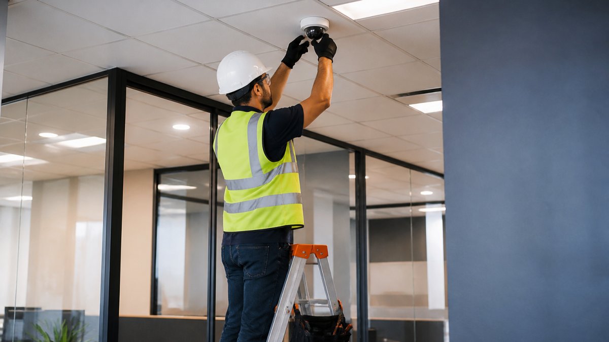 Technician installing a dome camera as part of building security systems in a modern office space