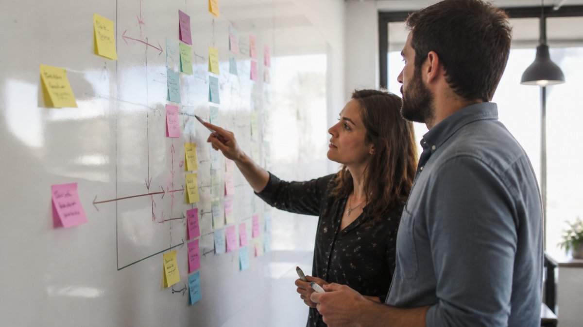 Operations team mapping workflows on a whiteboard for business process consulting services in Canada