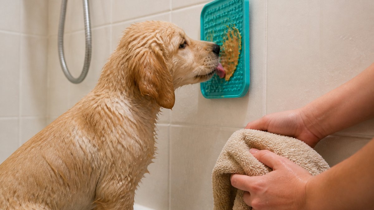 A young puppy calmly licking peanut butter from a suction lick mat stuck to a bathroom tile wall during a bath, owner's hands nearby holding a towel