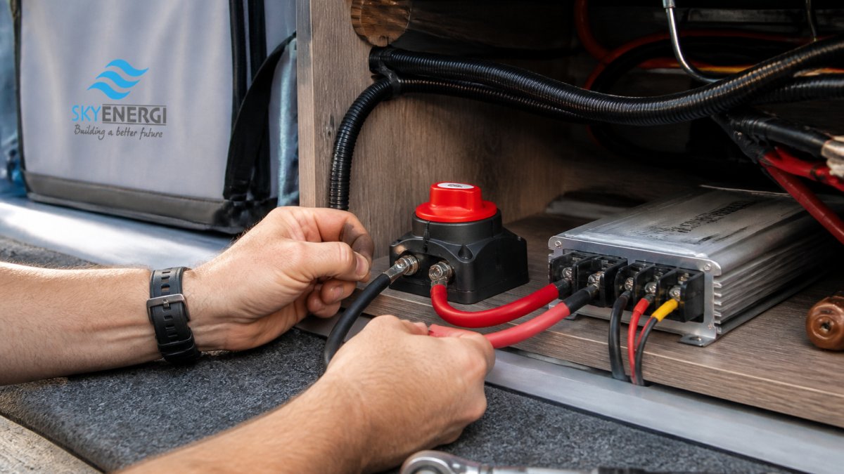 Close-up of hands wiring a red and black cable into a compact battery isolator switch mounted inside a campervan electrical cabinet, with an SRNE DC-to-DC charger visible nearby and a torque screwdriver on the worktop