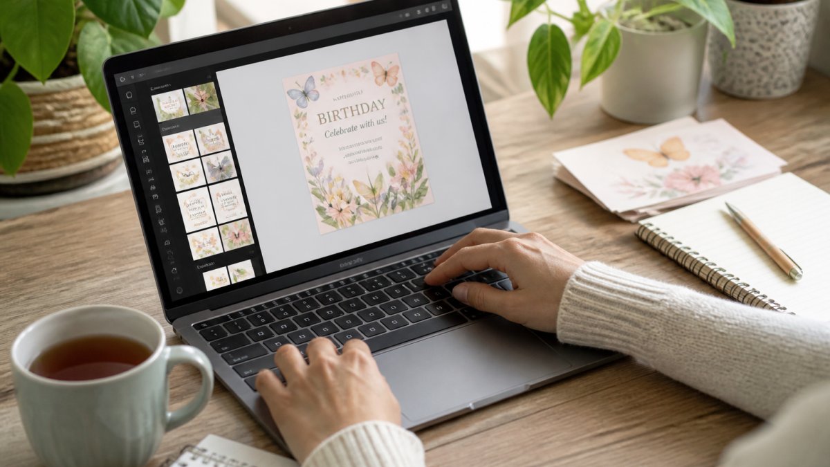 Hands editing a birthday invitation design using Canva templates on a laptop at a cozy, plant-filled desk.