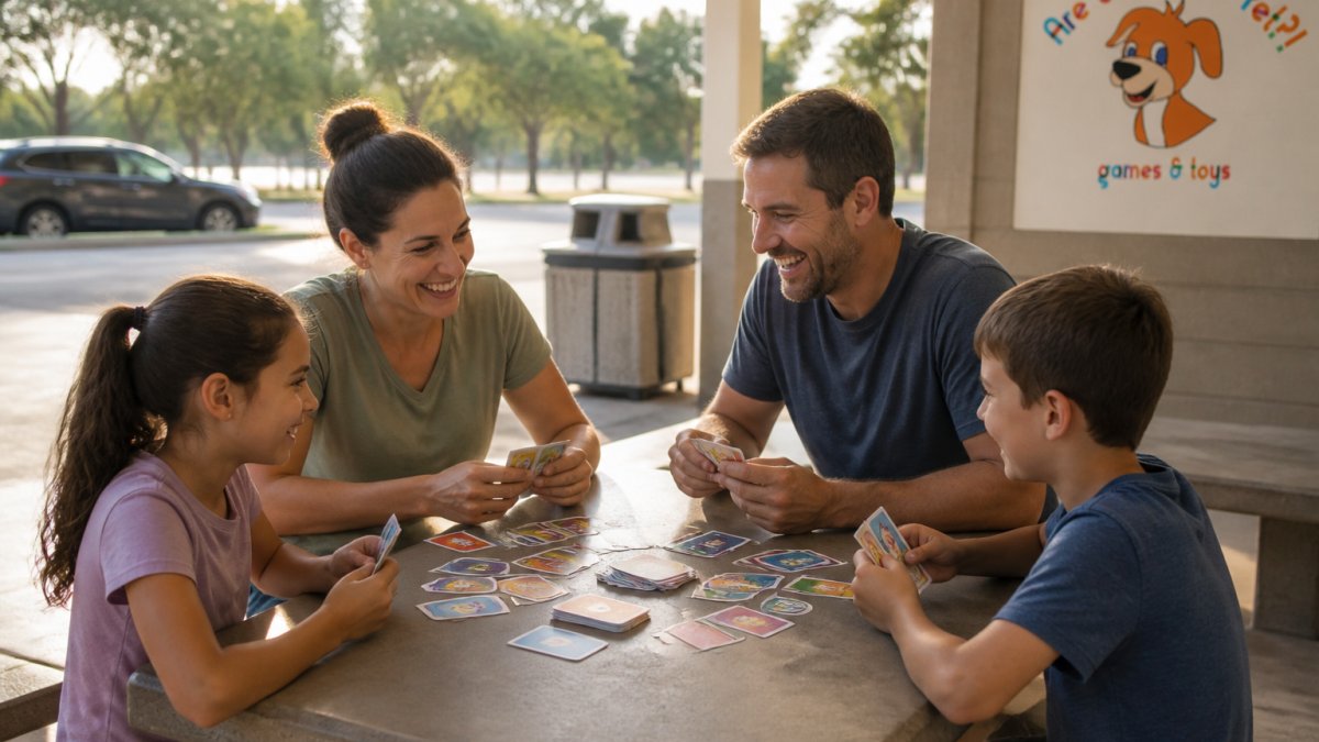 Infographic illustrating the benefits of playing card games during family travel stops