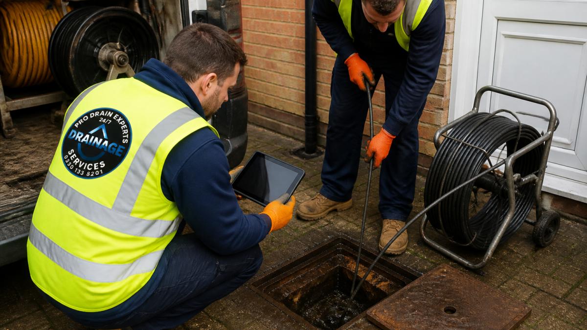 A drainage engineer in a high-visibility vest and safety gloves crouching beside an open drain access chamber, holding a tablet displaying a live camera feed while a second engineer feeds a CCTV push-rod camera into the drain