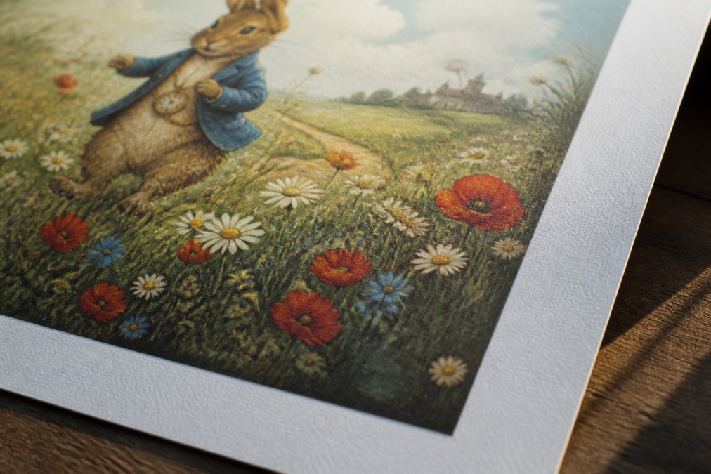Close-up detail shot of a high-quality character art print showing vibrant color reproduction, fine texture detail in the paper stock, and archival matte finish with natural window lighting highlighting the print's dimensional depth and color saturation