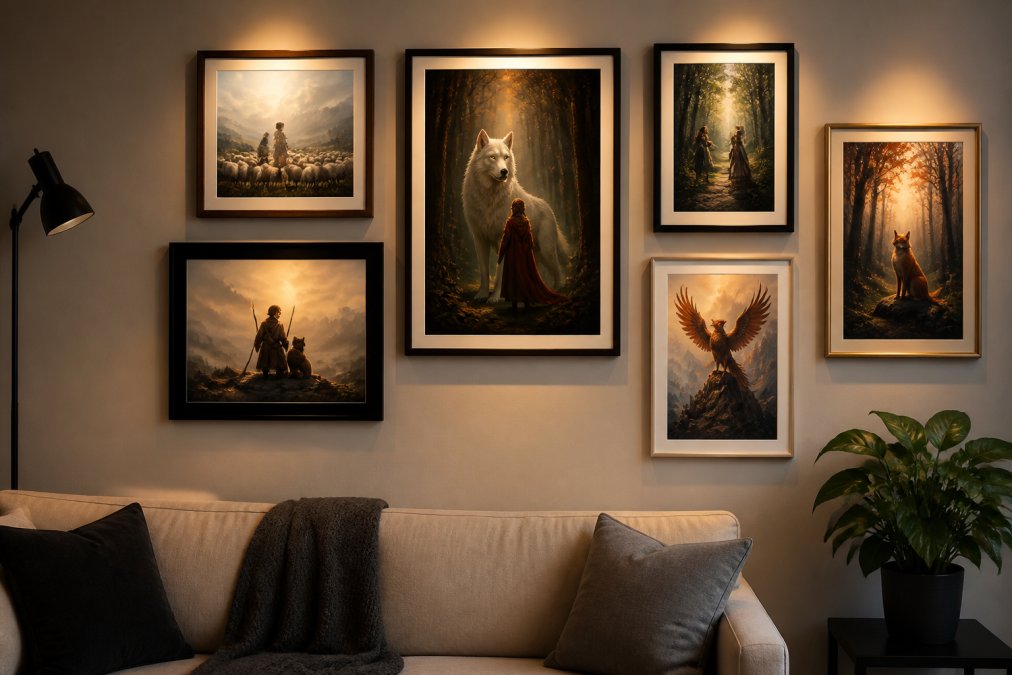 Professional gallery wall arrangement in modern living room showing six character art prints in mixed frame sizes and finishes, including satin and matte prints displayed at eye level with consistent 2-3 inch spacing, warm accent lighting highlighting the artwork details