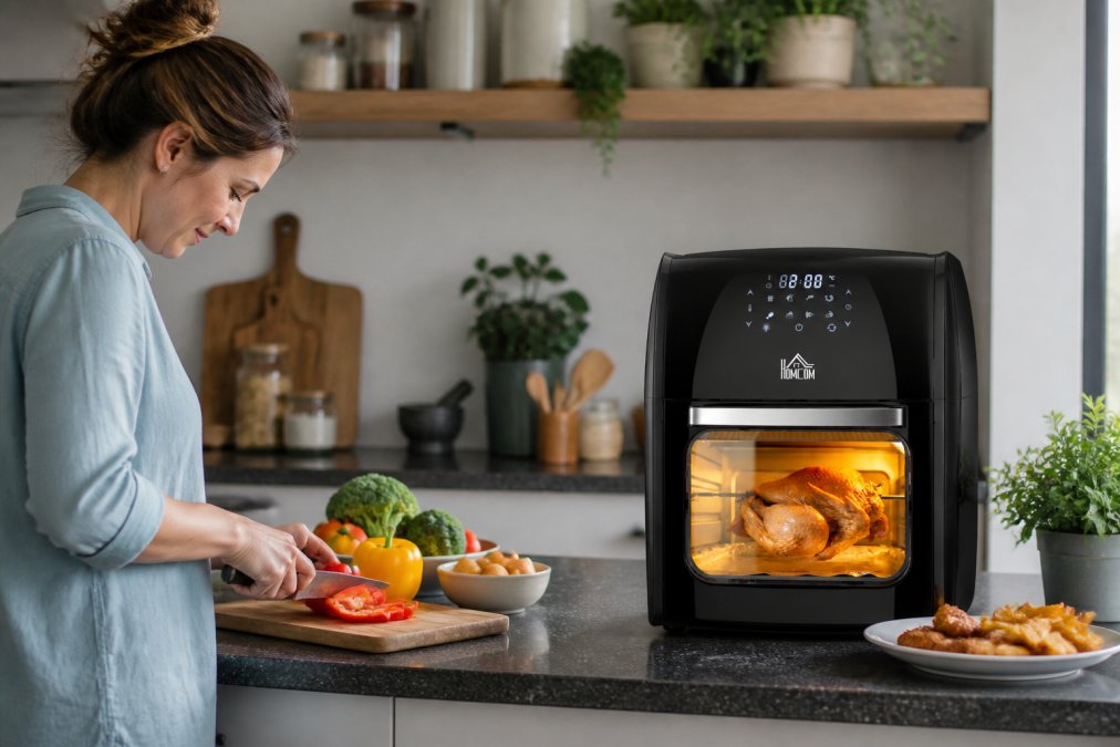 Modern kitchen countertop showing a mix of affordable and premium appliances in use, with someone preparing food