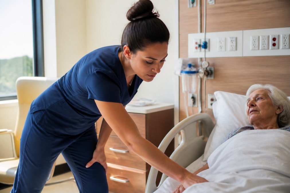Nurse wearing moisture-wicking scrubs during an active shift in a hospital, bending and reaching toward a patient's bedside, showing comfortable movement and breathability in a bright clinical environment