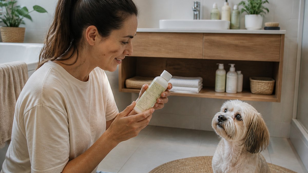 Pet owner reading the ingredients on a shampoo bottle while practicing chemical-free pet grooming with their dog