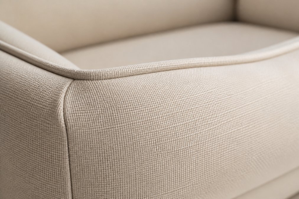 Close-up of densely woven ripstop fabric texture showing reinforced grid pattern and stitching detail on a chew-resistant dog bed material