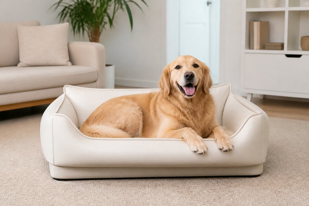 A golden retriever resting peacefully on a waterproof elevated dog bed in a bright home living room, showing comfort and safety