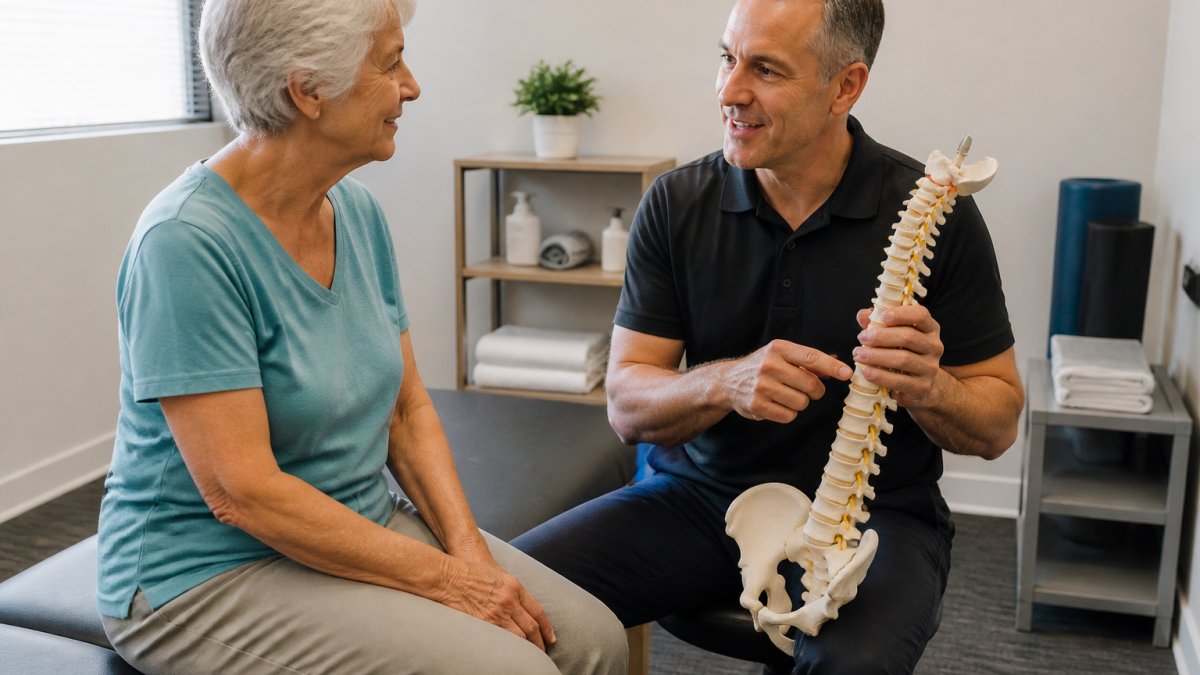 Chiropractor explaining treatment options to a senior patient to show if are chiropractic adjustments safe for seniors