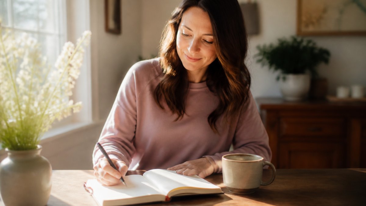 Woman sitting at a wooden table with an open Christian journal and pen in hand, soft natural morning light streaming through a window, cup of coffee nearby, peaceful expression