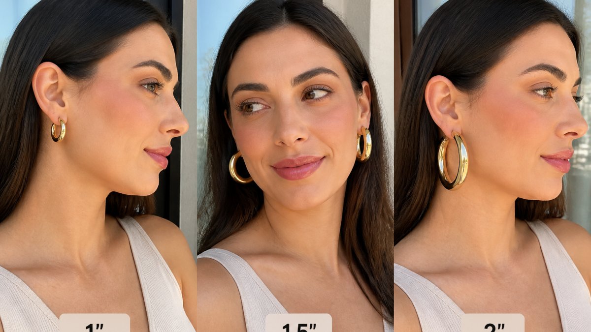 Comparison guide showing 1-inch, 1.5-inch, and 2-inch chunky gold hoop earrings on a woman to demonstrate size options.