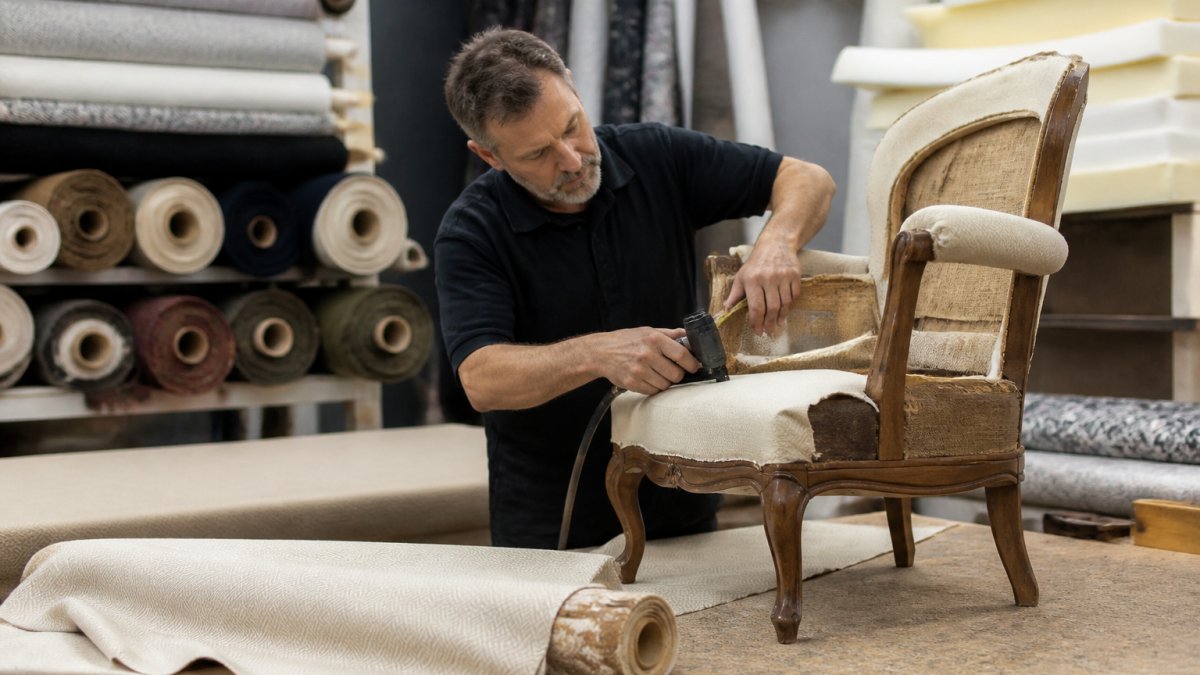 An upholsterer in a workshop measuring and stapling new fabric onto a stripped vintage armchair frame, with foam padding and fabric rolls visible in the background