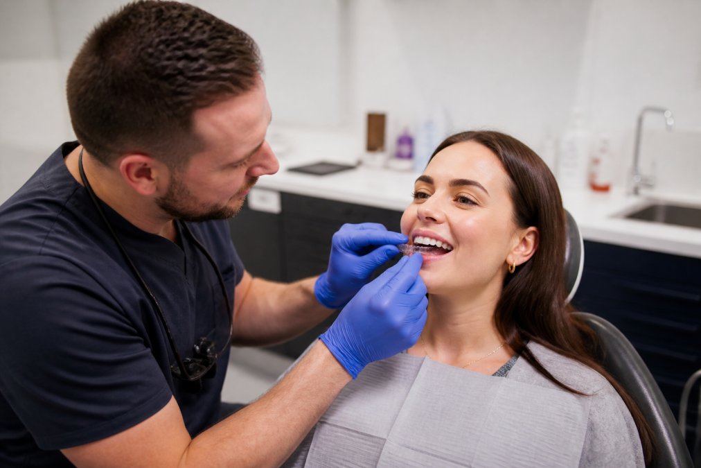 Patient in dental chair having an Invisalign aligner checked and adjusted by a dentist during consultation appointment in modern clinic with soft overhead lighting